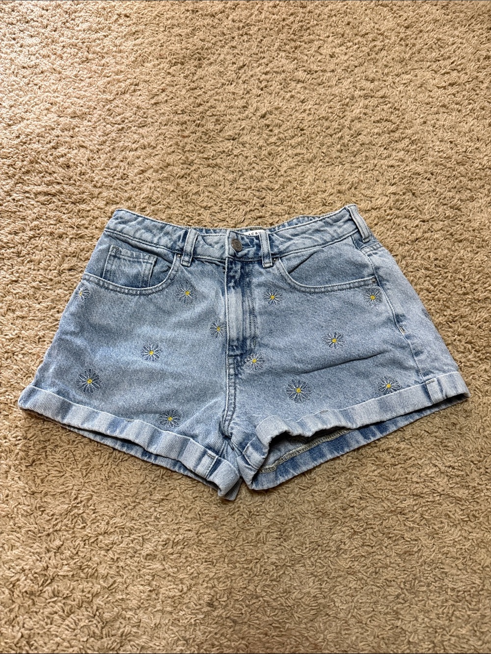 PacSun Light Blue Daisy Embroidered Denim Shorts
